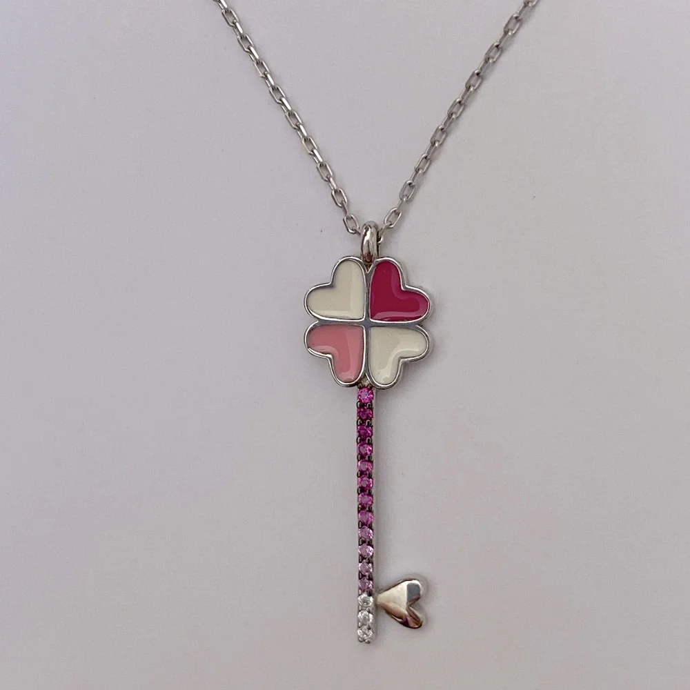 925 Silver pink heart clover key cz necklace